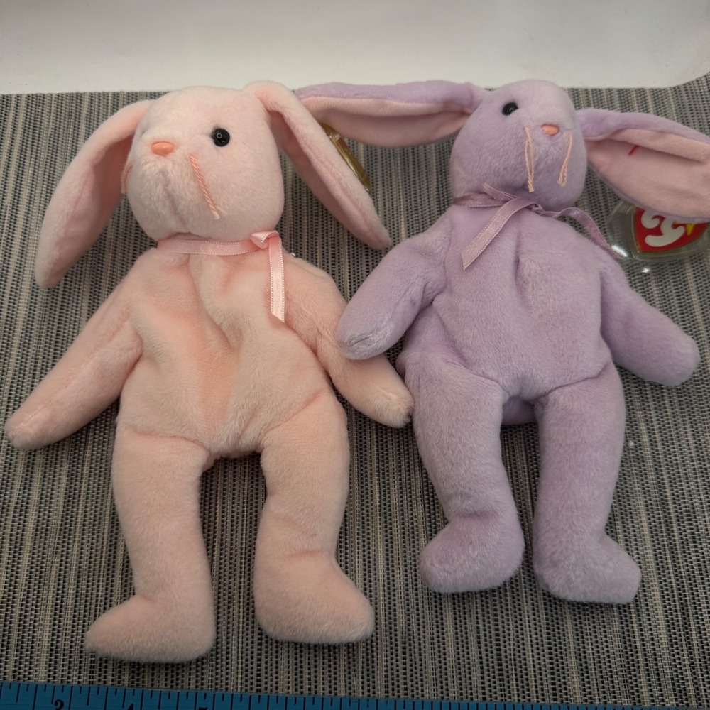 Ty Beanie Babies Hoppity Floppity Bunny Lot Pink Purple Easter Plush Vintage Tag